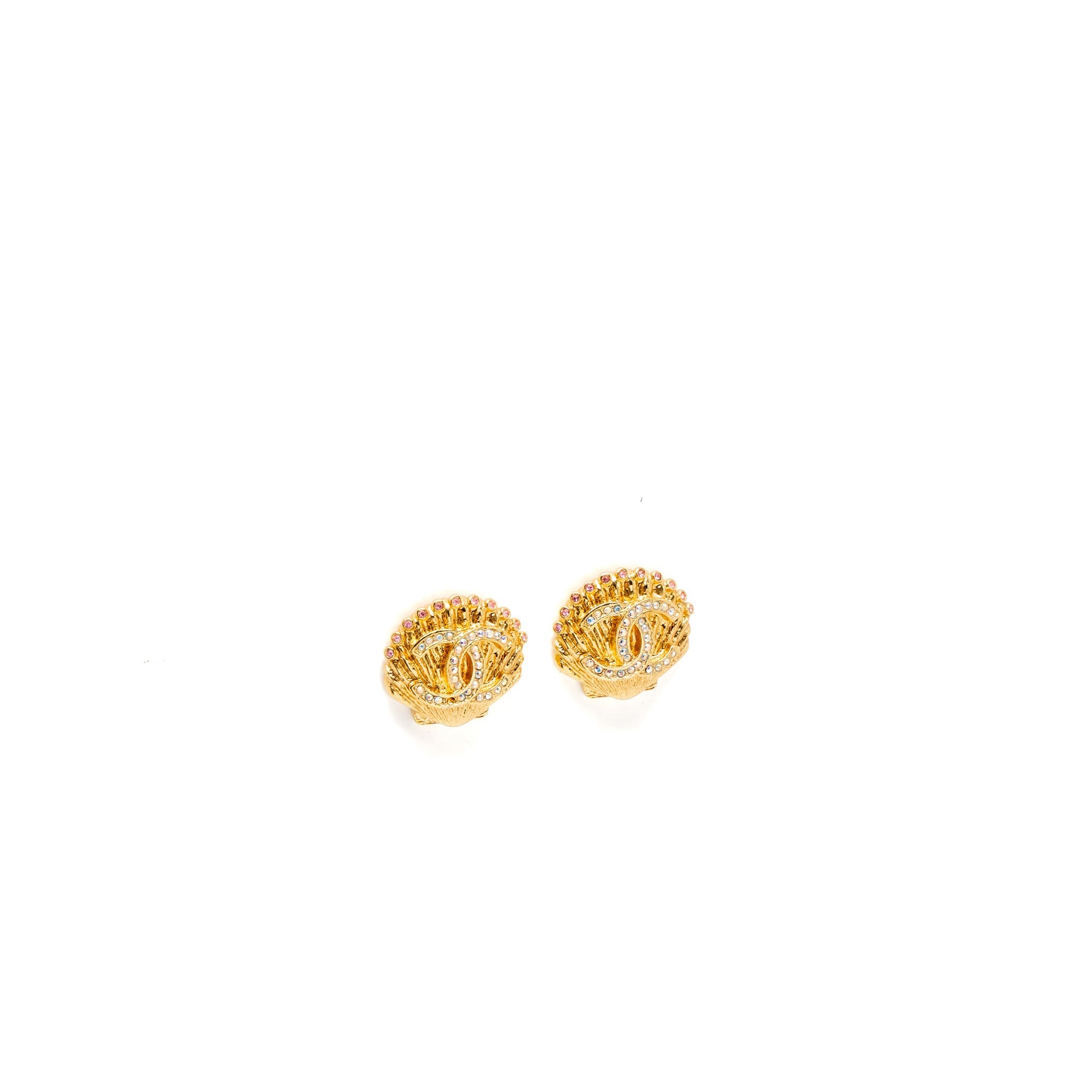 CHANEL SHELL CC LOGO EARRINGS CRYSTAL GOLD TONE