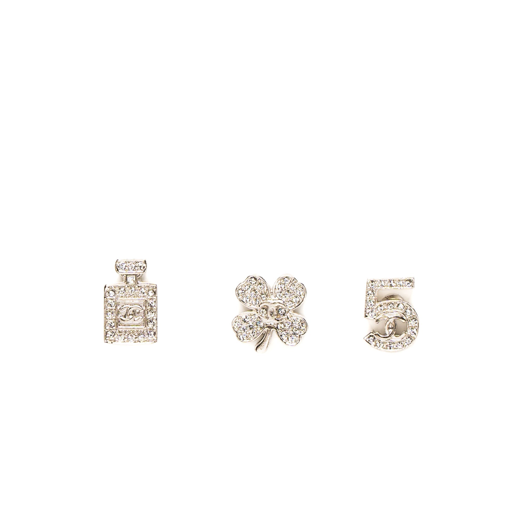 CHANEL 3 PIN ROACH PERFUME BOTTLE/CLOVER/NO.5 CRYSTAL SILVER TONE