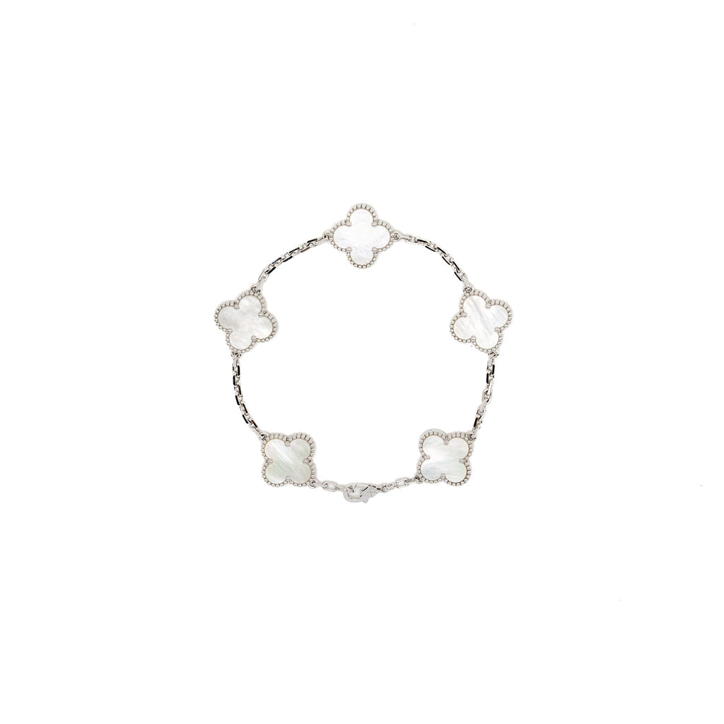 VAN CLEEF & ARPELS VINTAGE ALHAMBRA BRACELET, 5 MOTIFYS WHITE GOLD/MOTHER OF PEARL