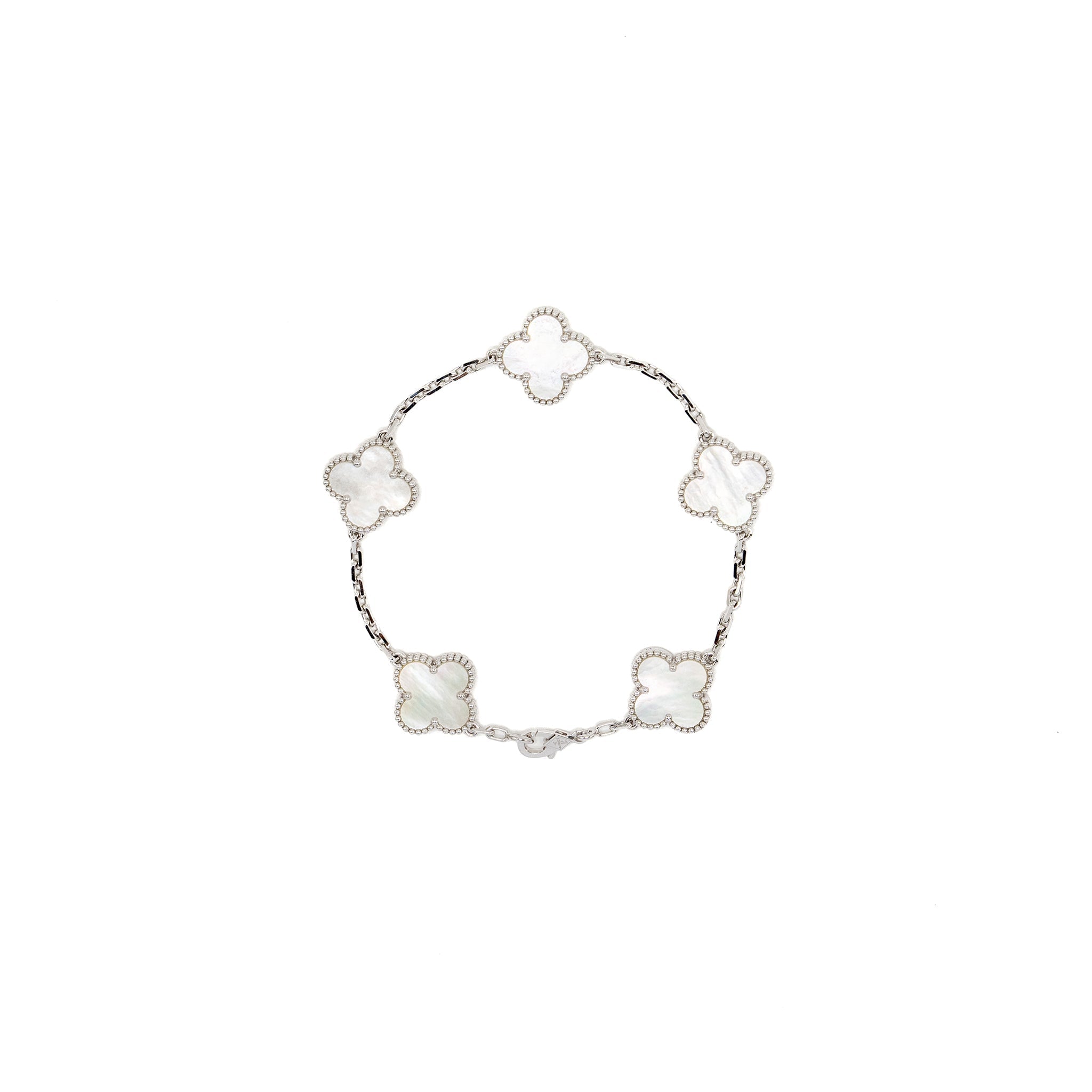 VAN CLEEF & ARPELS VINTAGE ALHAMBRA BRACELET, 5 MOTIFYS WHITE GOLD/MOTHER OF PEARL