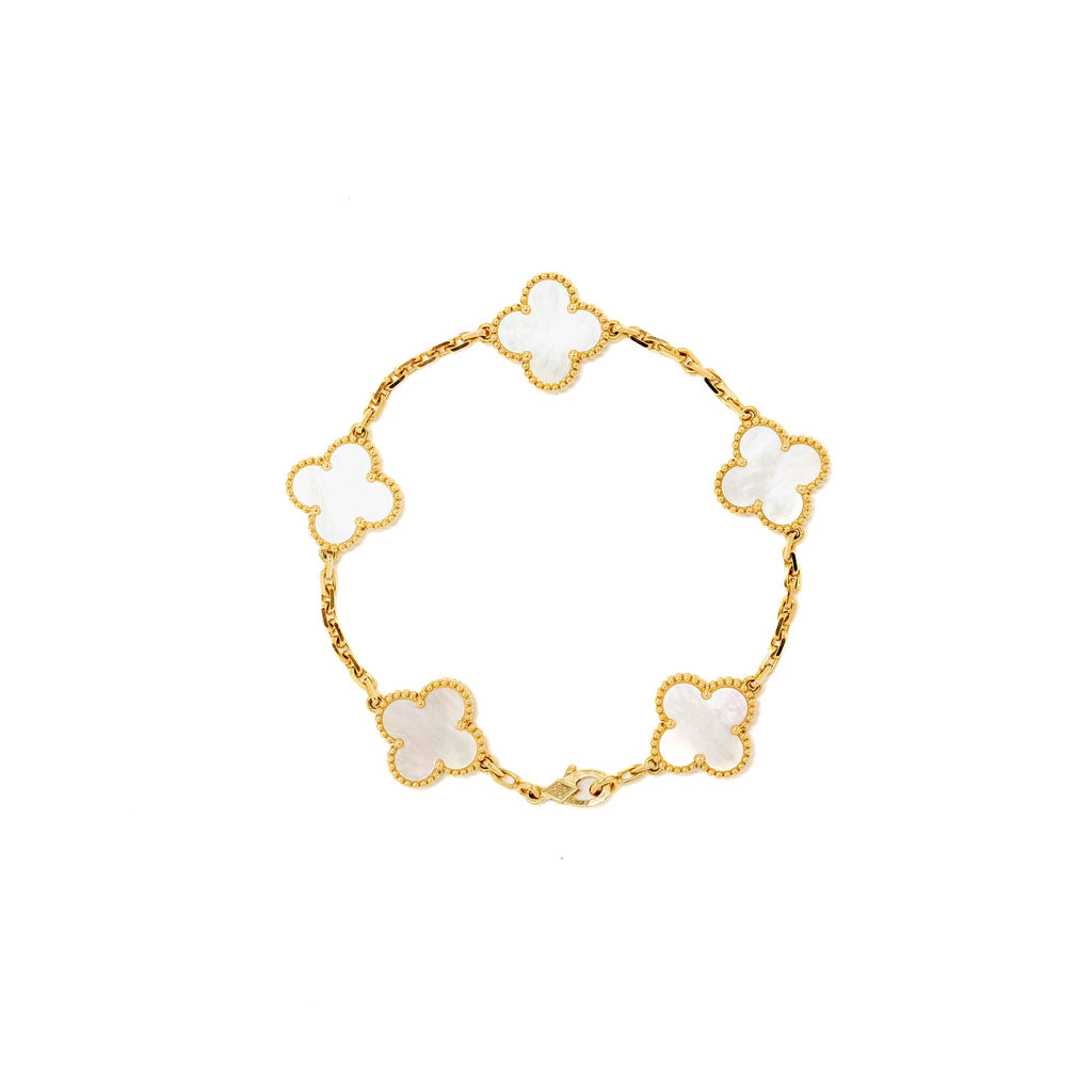 VAN CLEEF & ARPELS VINTAGE ALHAMBRA 5 MOTIF BRACELET YELLOW GOLD / WHITE MOTHER OF PEARL