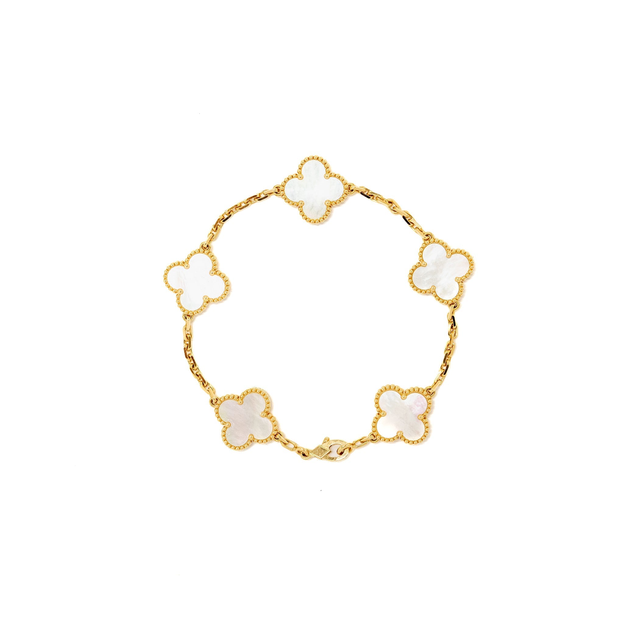 VAN CLEEF & ARPELS VINTAGE ALHAMBRA 5 MOTIF BRACELET YELLOW GOLD / WHITE MOTHER OF PEARL