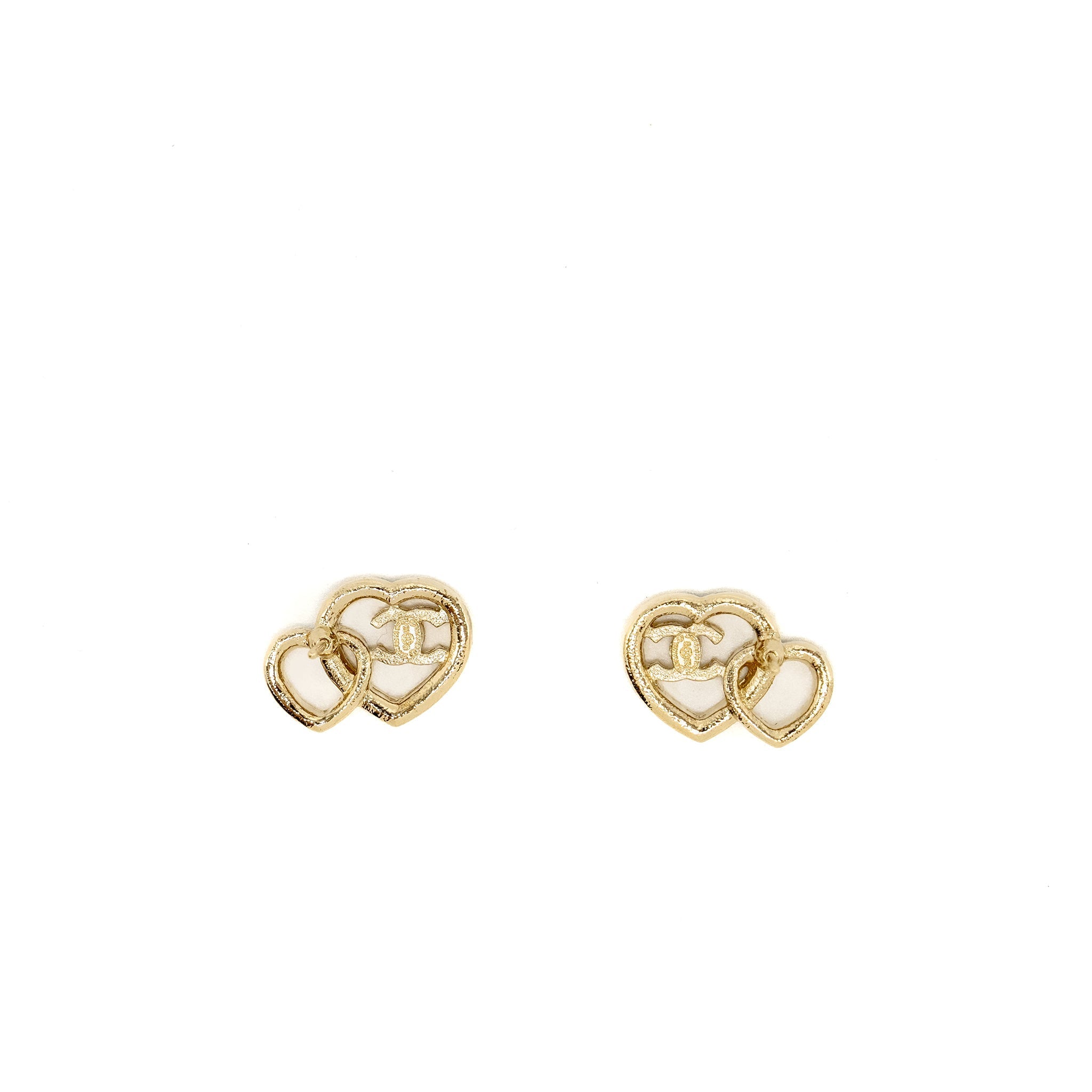 CHANEL DOUBLE HEART CC EARRINGS CRYSTAL LIGHT GOLD TONE