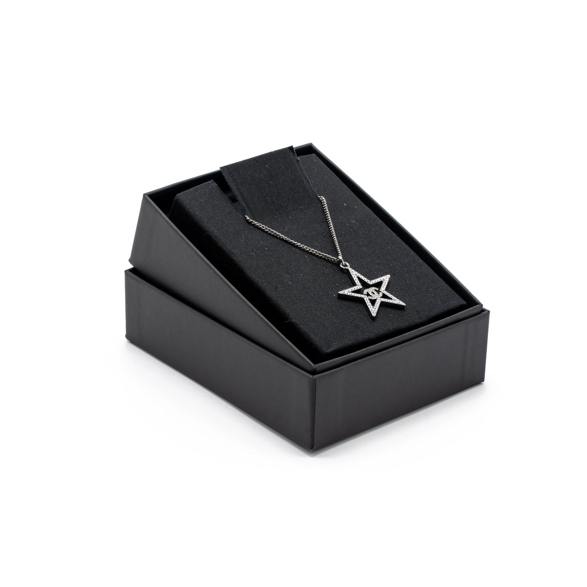 CHANEL STAR WITH CC LOGO IRIDESCENT NECKLACE CRYSTAL SILVER TONE
