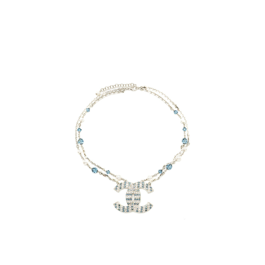 CHANEL GIANT CC LOGO DOUBLE CHAIN NECKLACE CRYSTAL/ PEARL BLUE SILVER TONE