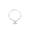 CHANEL GIANT CC LOGO DOUBLE CHAIN NECKLACE CRYSTAL/ PEARL BLUE SILVER TONE