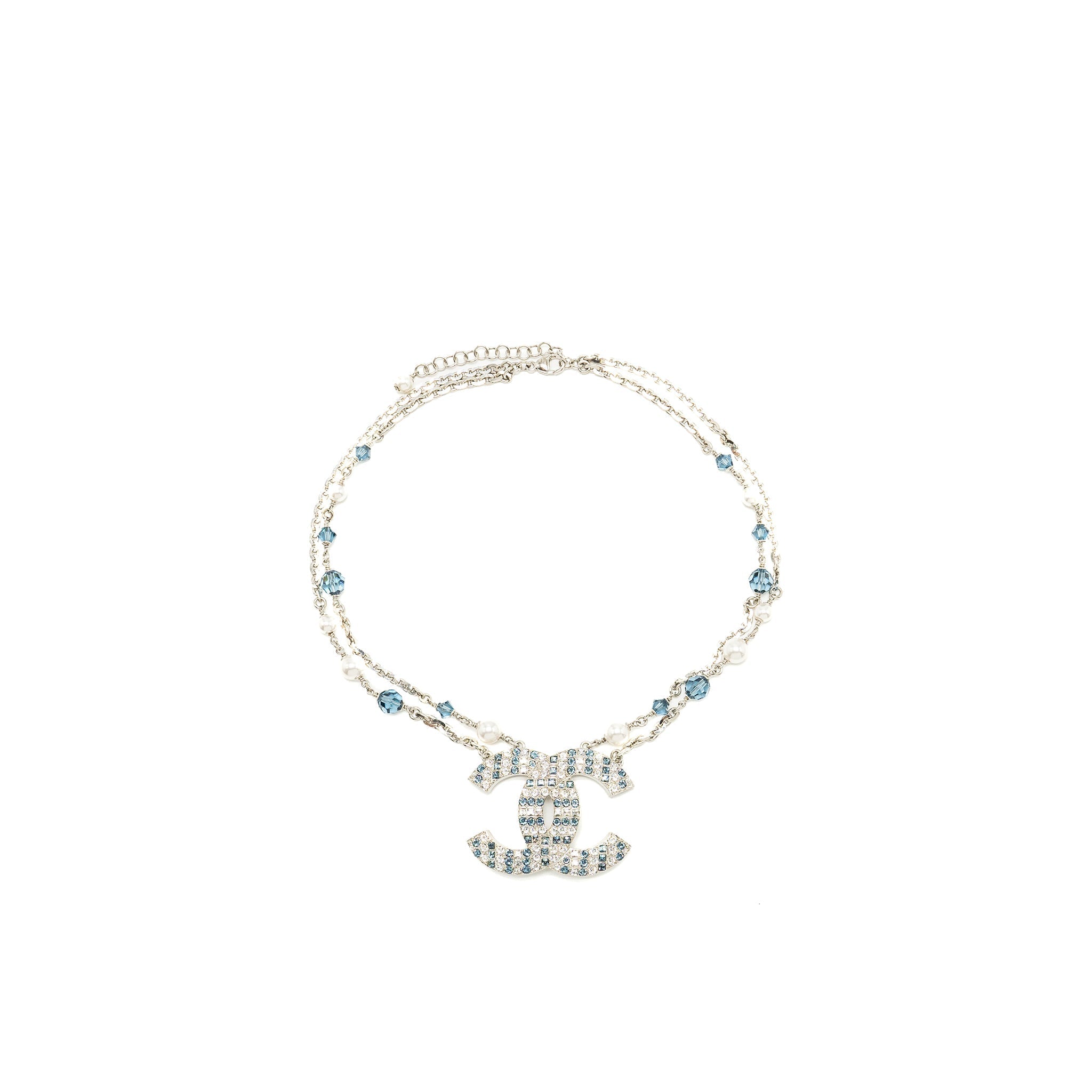CHANEL GIANT CC LOGO DOUBLE CHAIN NECKLACE CRYSTAL/ PEARL BLUE SILVER TONE