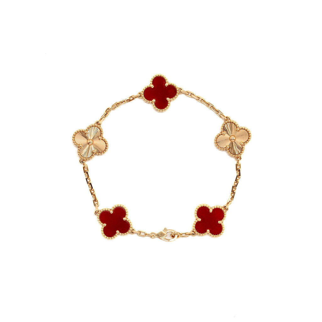 VAN CLEEF & ARPELS VINTAGE ALHAMBRA BRACELET 5 MOTIFS ROSE GOLD, CARNELIAN