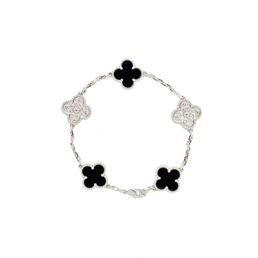 VAN CLEEF & ARPELS VINTAGE ALHAMBRA BRACELET 5 MOTIFS WHITE GOLD/DIAMONDS/ONYX