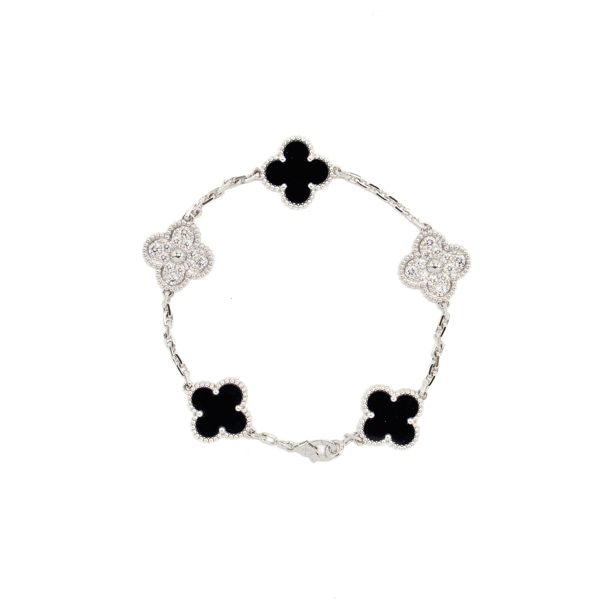 VAN CLEEF & ARPELS VINTAGE ALHAMBRA BRACELET 5 MOTIFS WHITE GOLD/DIAMONDS/ONYX