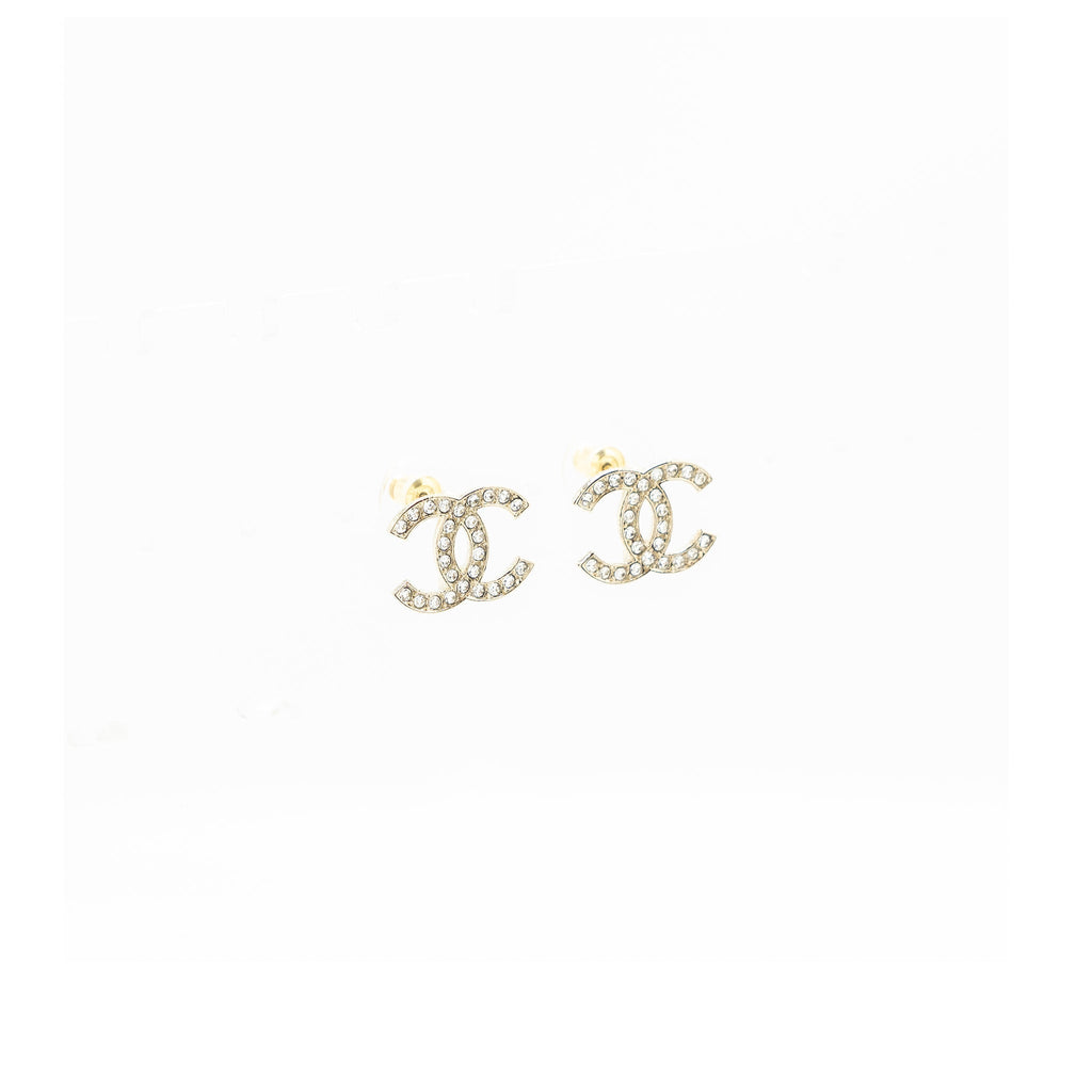 CHANEL CC LOGO EARRINGS LIGHT GOLD TONE WITH CRYSTAL