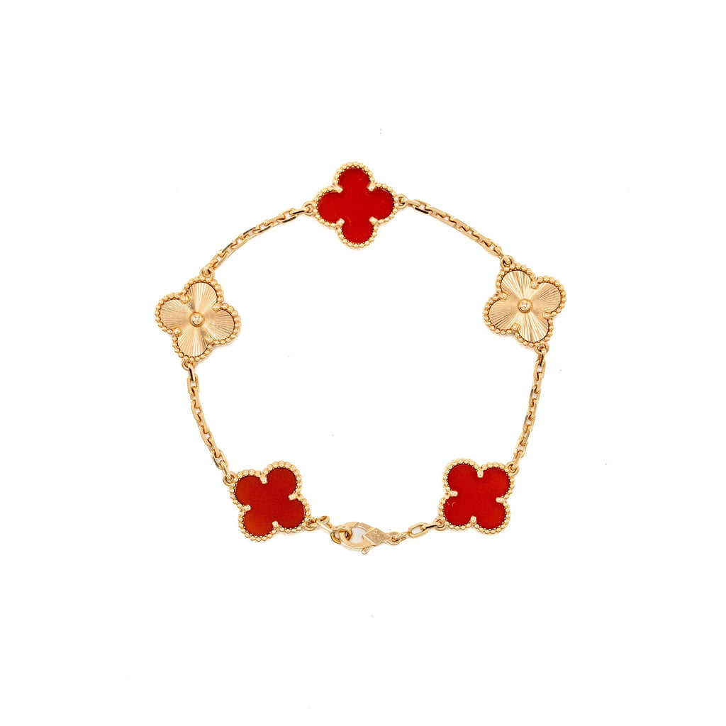 VAN CLEEF & ARPELS VINTAGE ALHAMBRA BRACELET, 5 MOTIFS, GUILLOCHE, ROSE GOLD, CARNELIAN