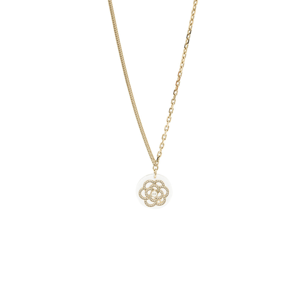 CHANEL CAMELLIA NECKLACE PEARL/LIGHT GOLD TONE