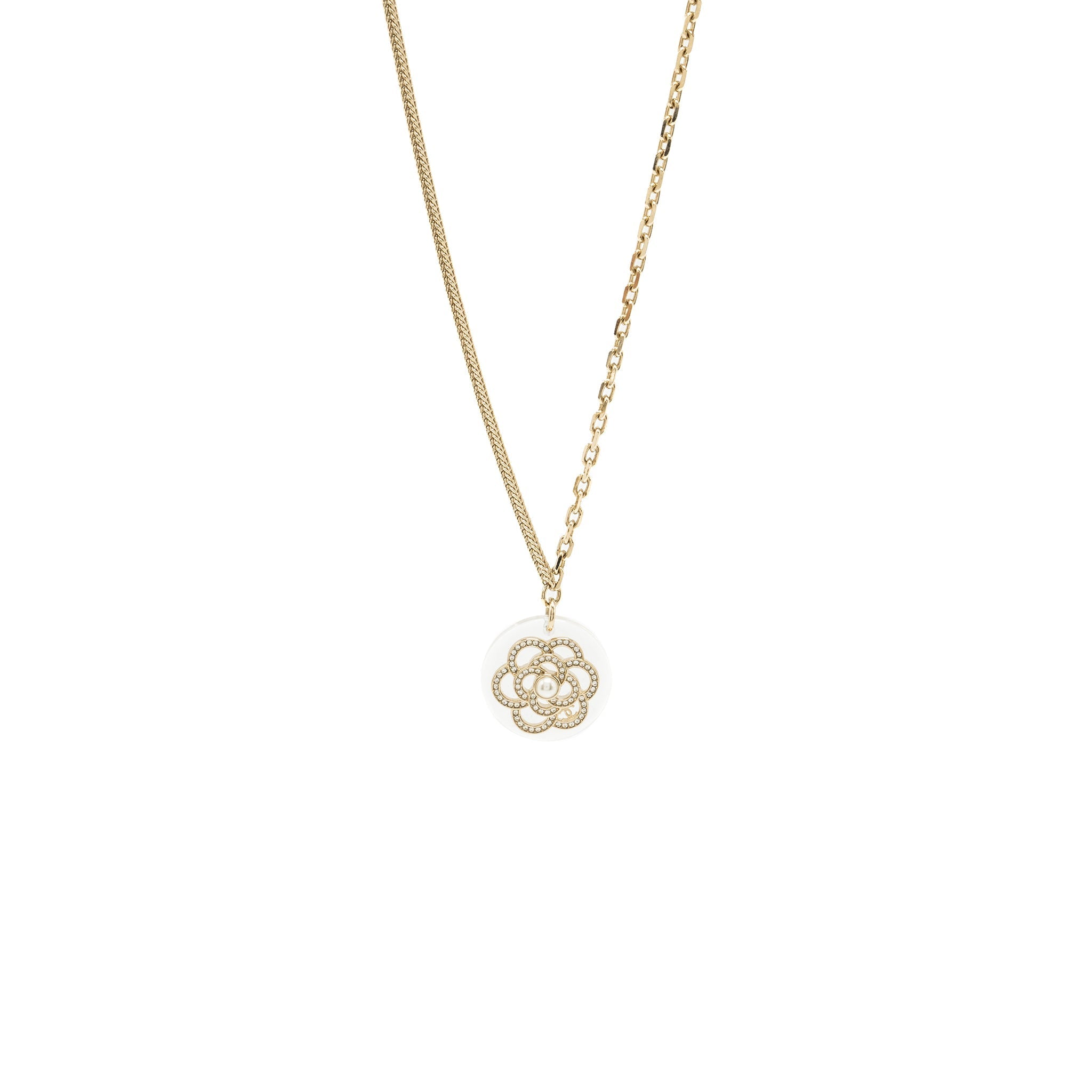CHANEL CAMELLIA NECKLACE PEARL/LIGHT GOLD TONE