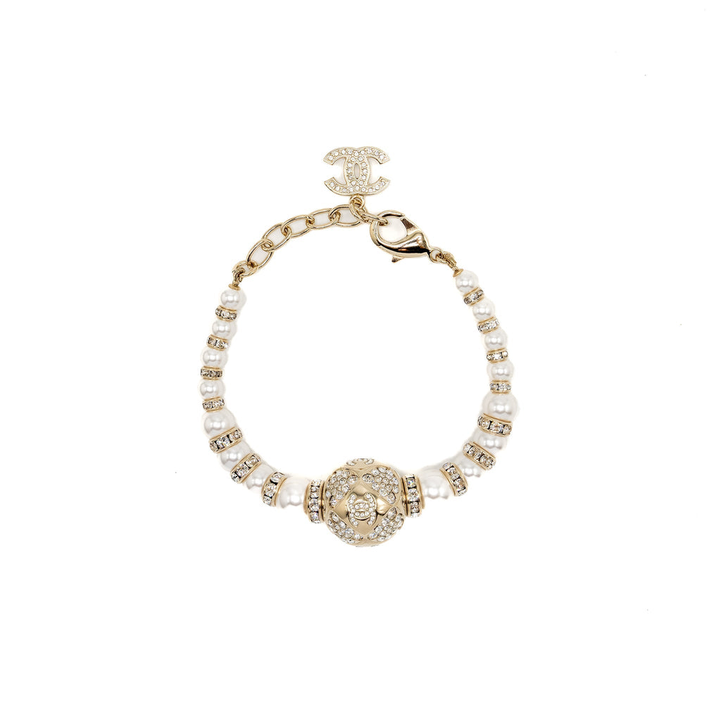 CHANEL CRYSTAL & PEARL CC LOGO BRACELET LIGHT GOLD TONE