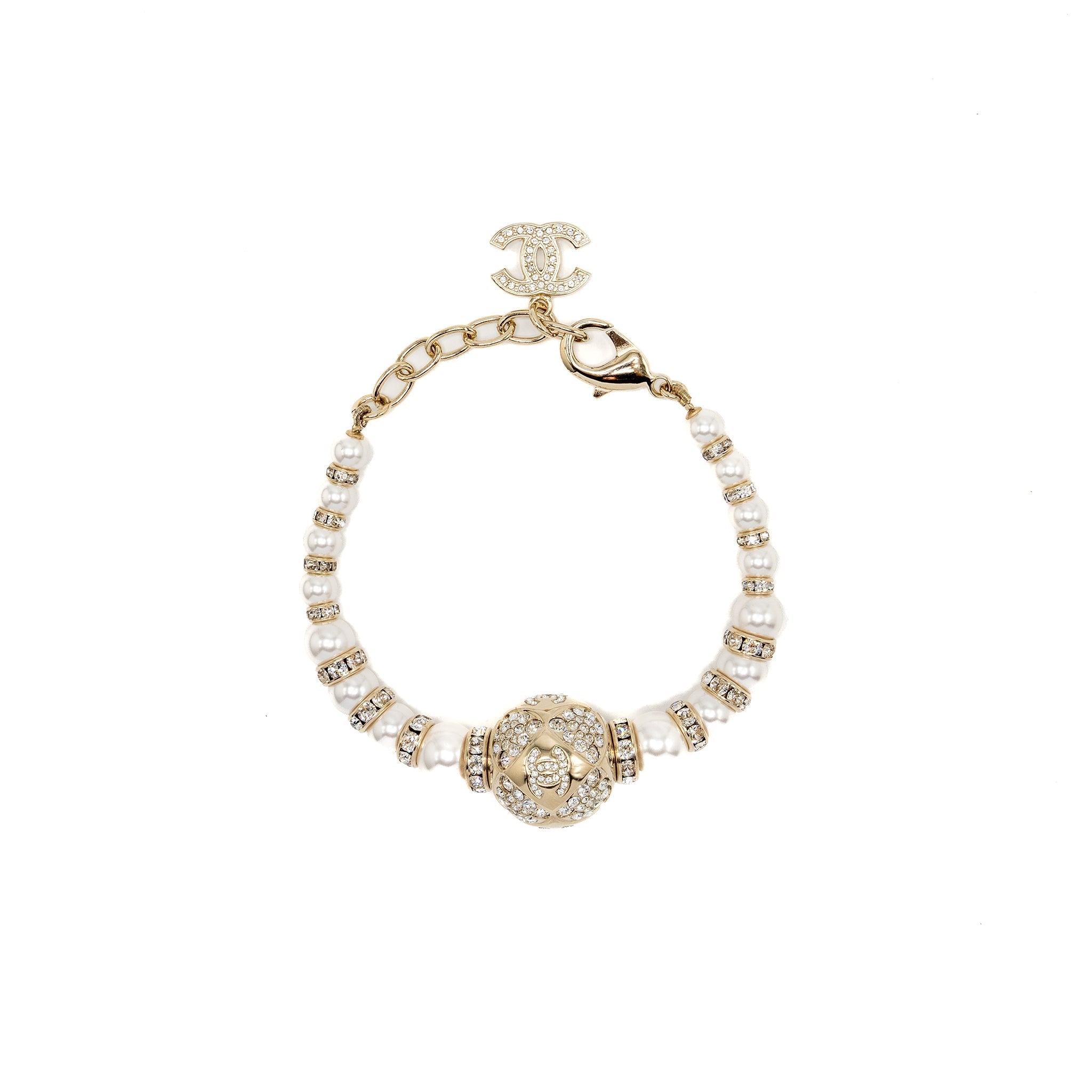 CHANEL CRYSTAL & PEARL CC LOGO BRACELET LIGHT GOLD TONE