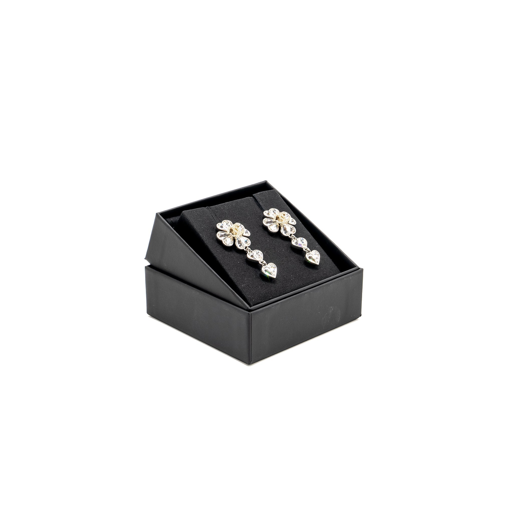 CHANEL CC CLOVER HEART DROP EARRINGS CRYSTAL SILVER TONE