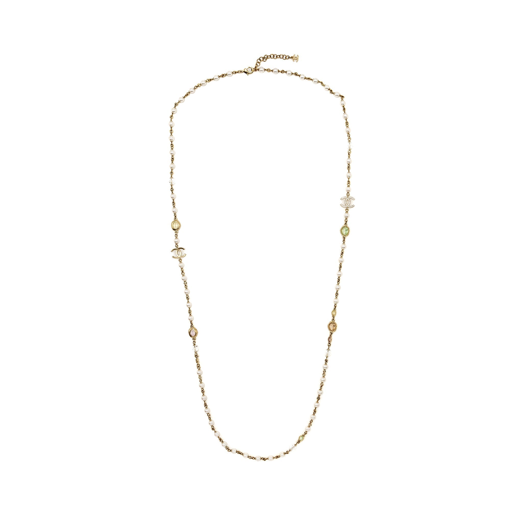 CHANEL CC LOGO/PEARL/CRYSTAL LONG NECKLACE LIGHT GOLD TONE