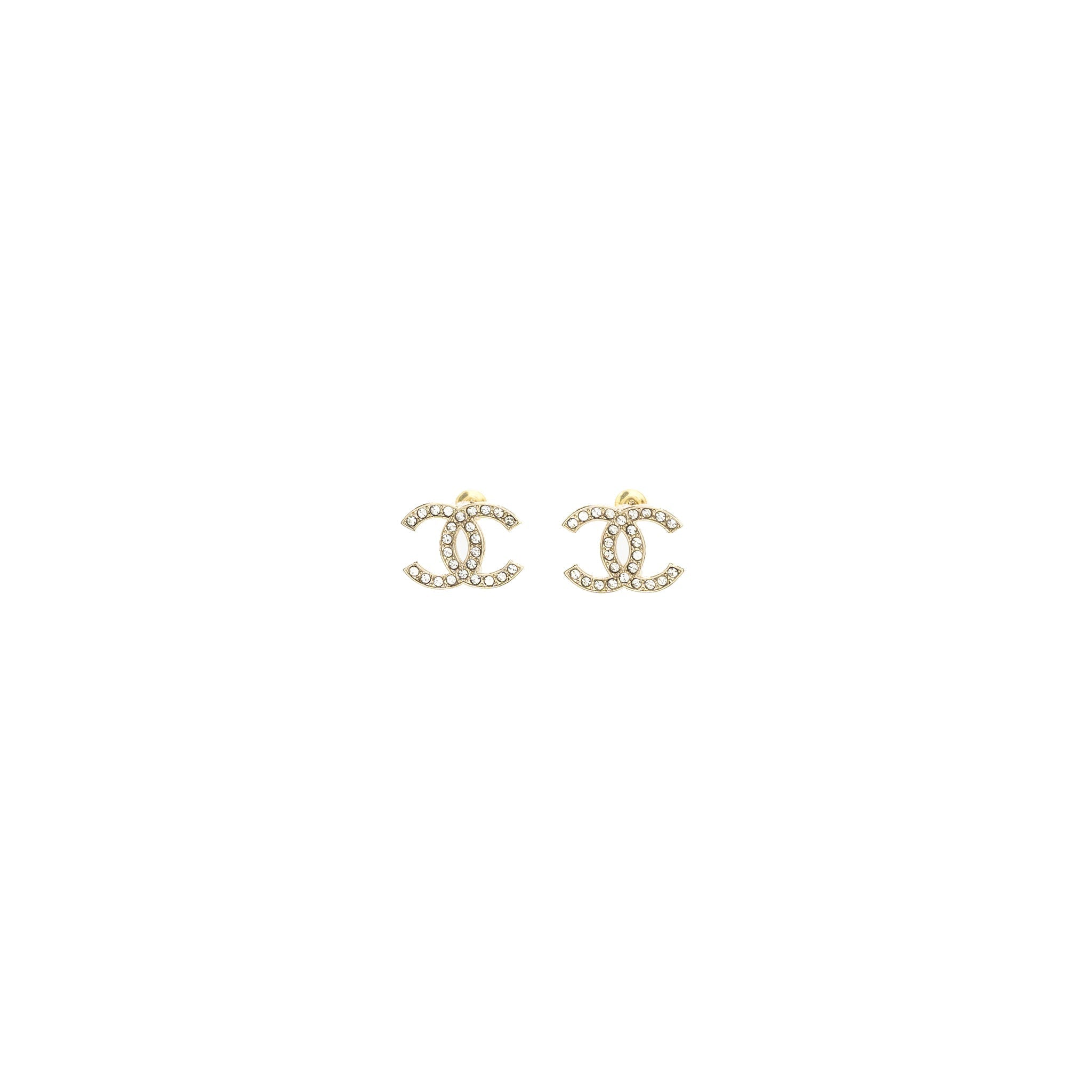 CHANEL CC LOGO EARRINGS LIGHT GOLD TONE WITH CRYSTAL