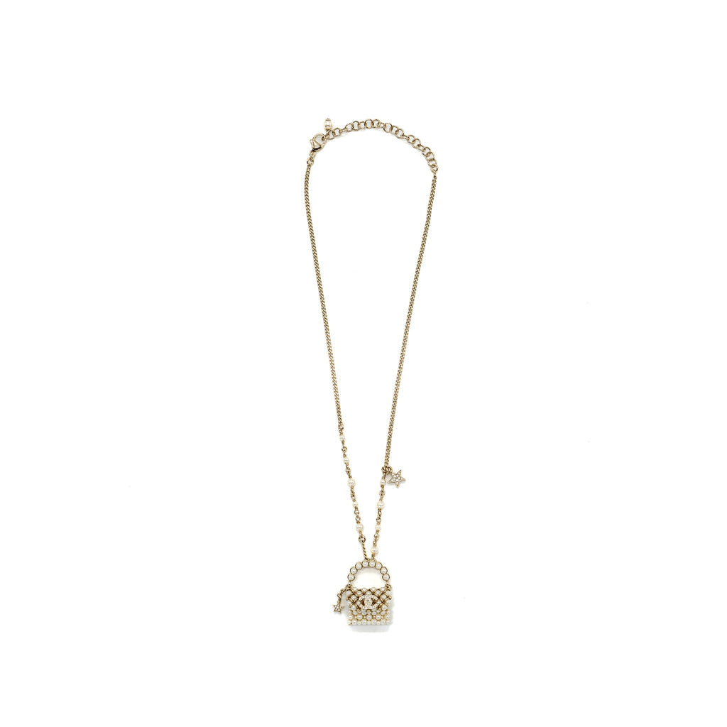 CHANEL MICRO BAG NECKLACE PEARL/ CRYSTAL LGHW