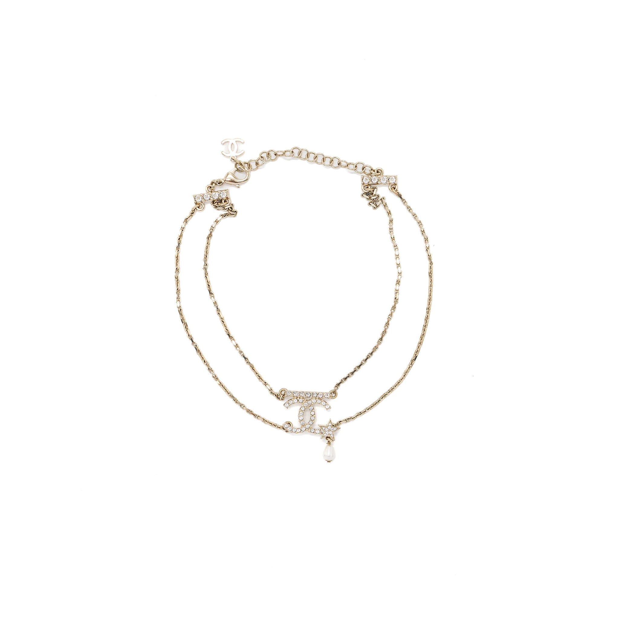 CHANEL DOUBLE CHAINS CHOCKER CRYSTAL/PEARL LIGHT GOLD TONE