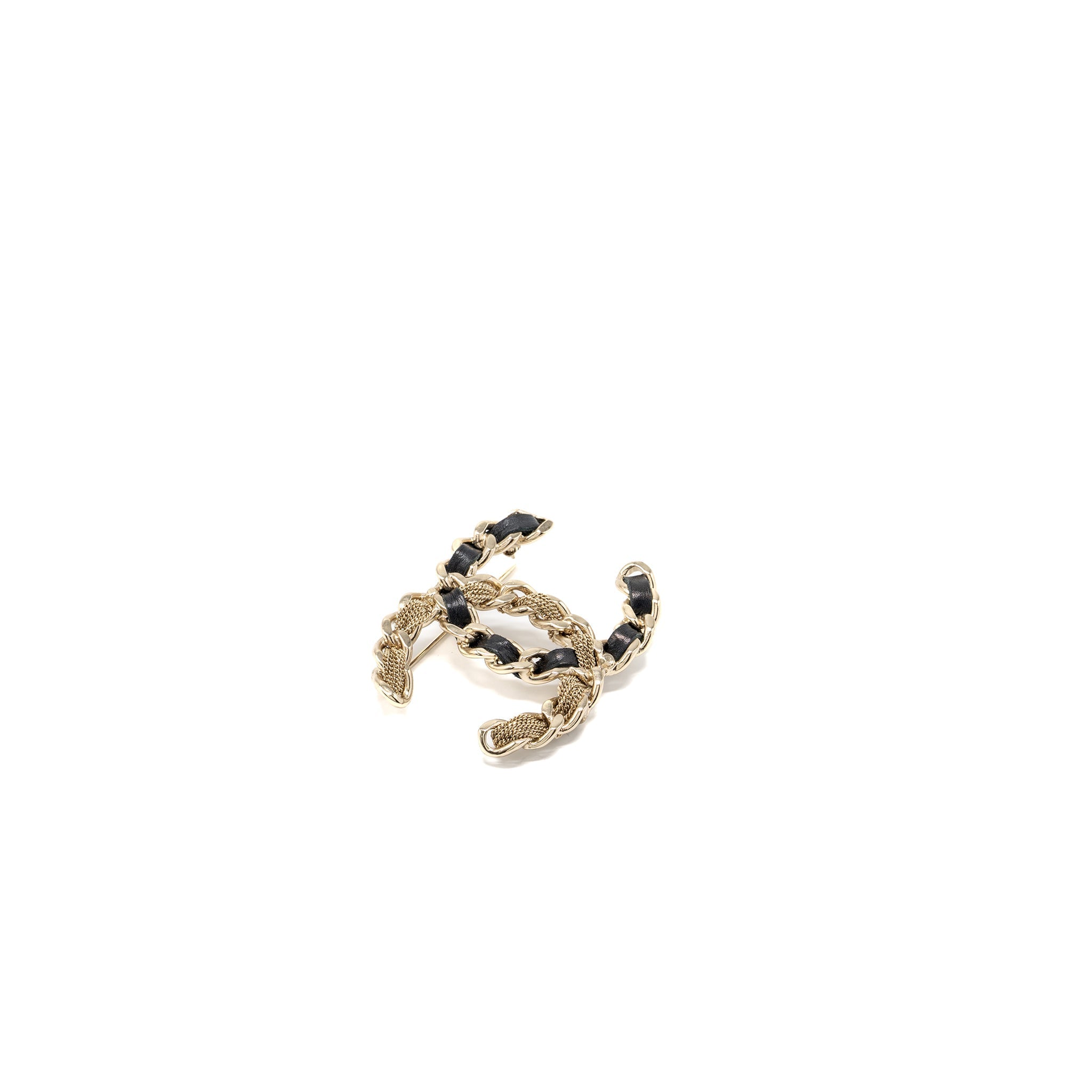 CHANEL CC LOGO BROOCH LEATHER/METAL LIGHT GOLD TONE