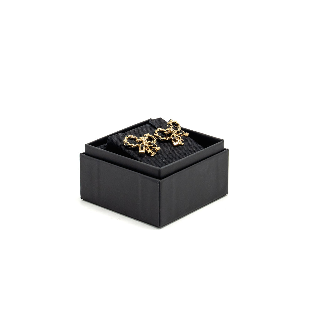 CHANEL LEATHER WEAVE BOW EARRINGS BLACK GOLD TONE