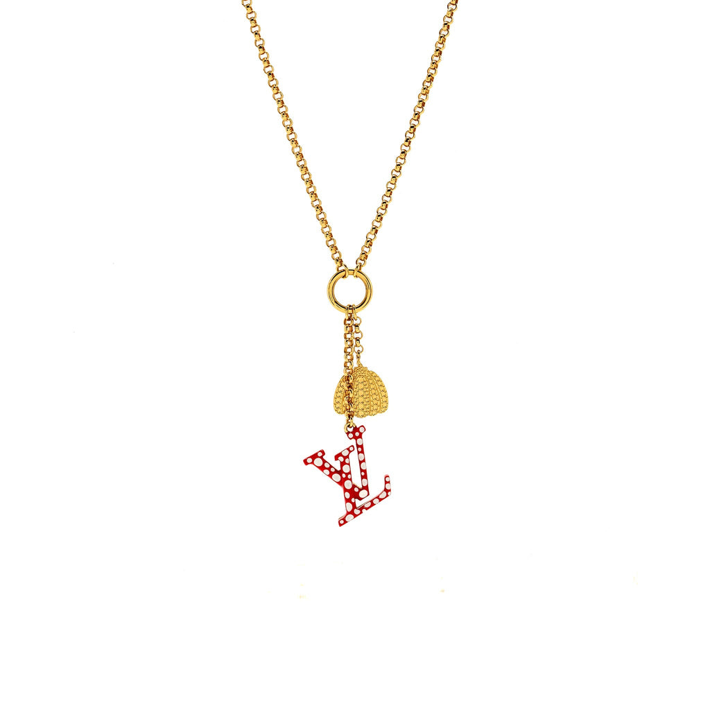 LOUIS VUITTON X YAYOI KUSAMA INFINITY DOTS WITH PUMPKIN CHARM NECKLACE, BRACELET, EARRINGS RED GOLD TONE (SELL IN A SET)