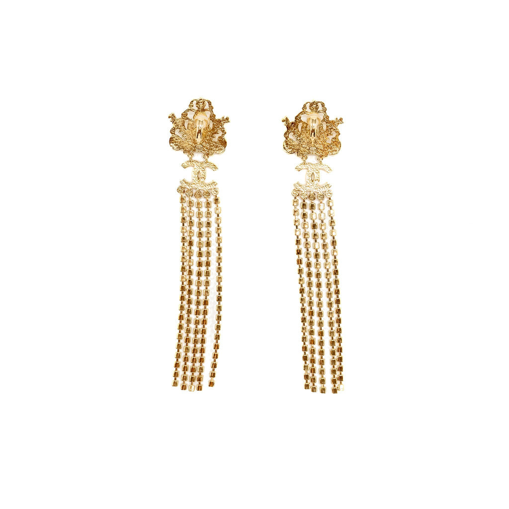 CHANEL CROWN WITH PEARL AND CC LOGO WITH CRYSTAL DROPPING EAR CLIPS LIGHT GOLD TONE