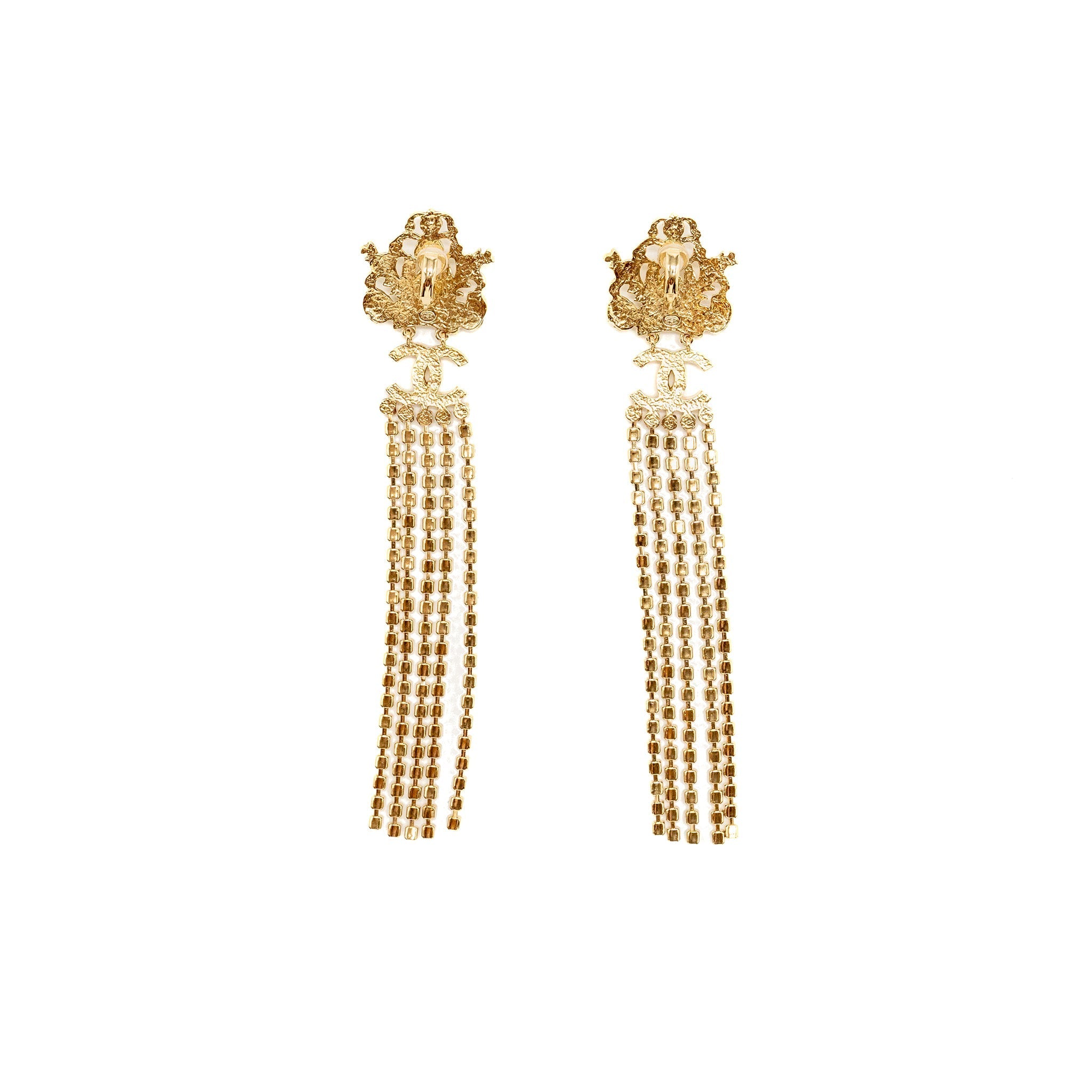 CHANEL CROWN WITH PEARL AND CC LOGO WITH CRYSTAL DROPPING EAR CLIPS LIGHT GOLD TONE