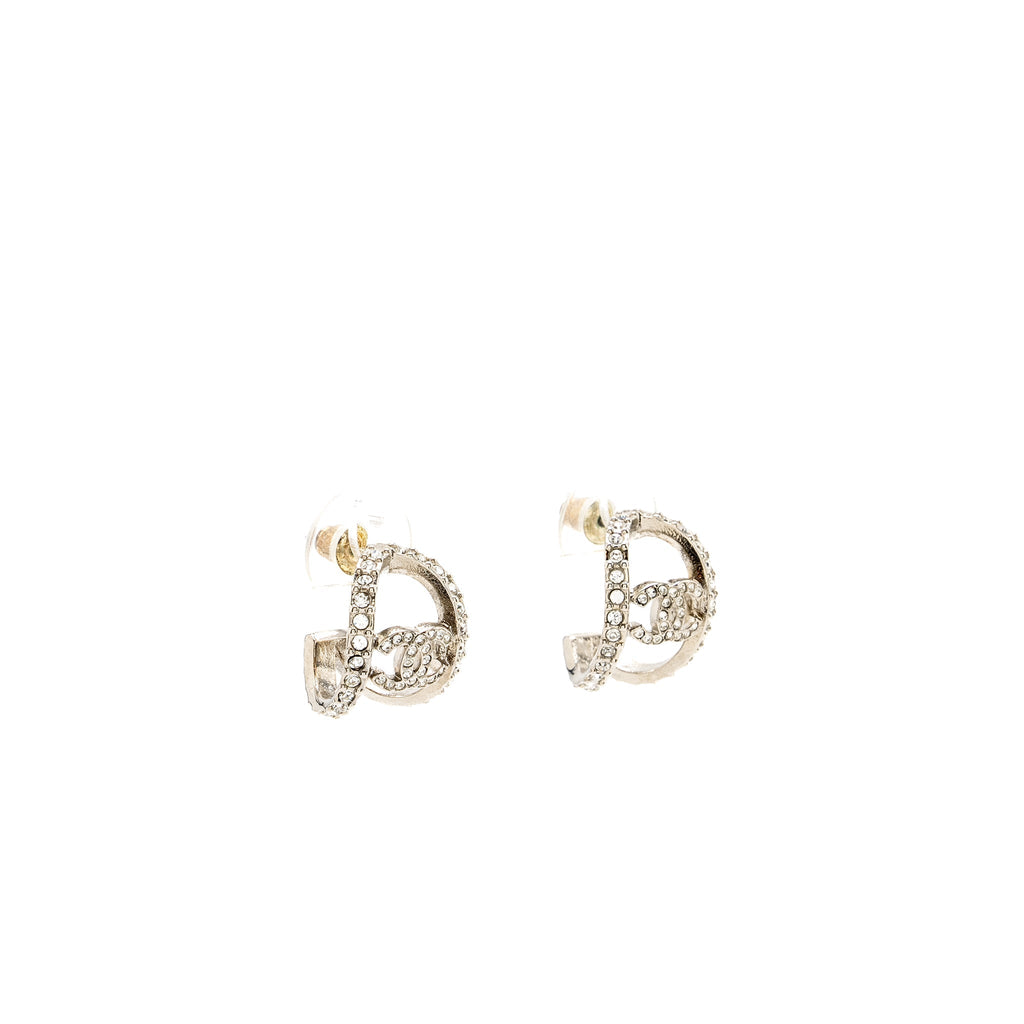CHANEL MINI HOOP EARRINGS WITH CRYSTAL SILVER TONE
