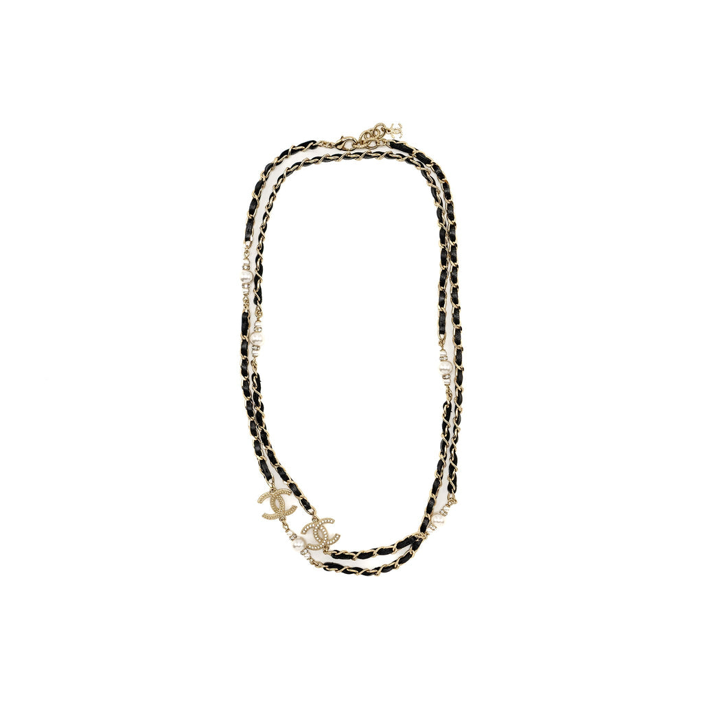 CHANEL LEATHER CHAIN/CC LOGO/CRYSTAL LONG NECKLACE LIGHT GOLD TONE