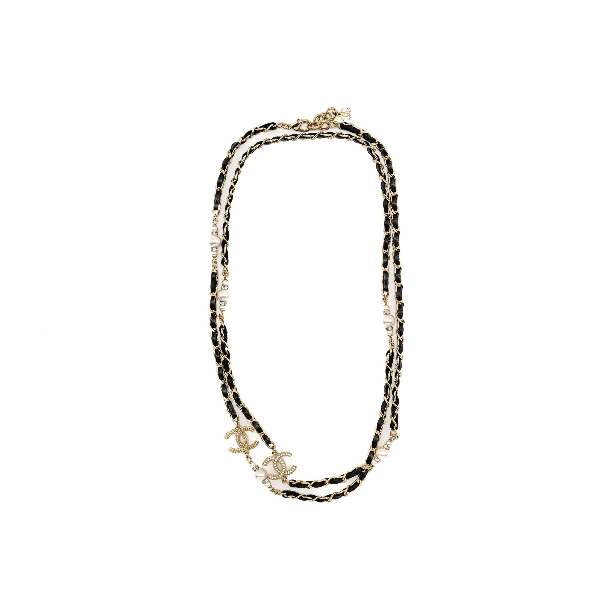 CHANEL LEATHER CHAIN/CC LOGO/CRYSTAL LONG NECKLACE LIGHT GOLD TONE