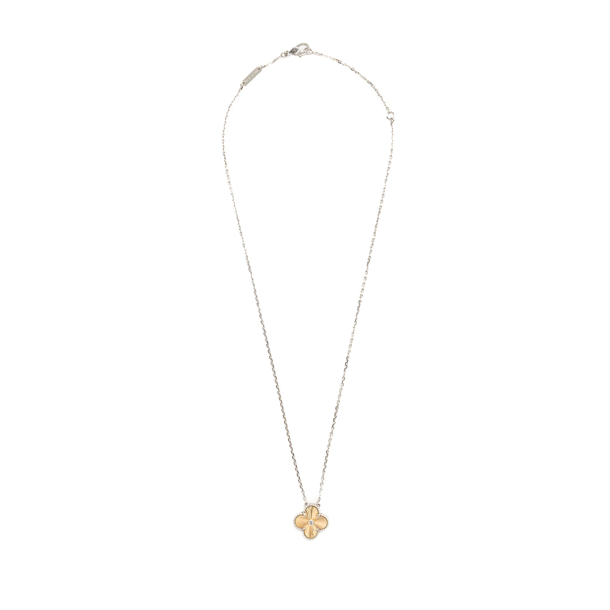VAN CLEEF & ARPELS VINTAGE ALHAMBRA PENDANT WHITE GOLD, GUILLOCHE ROSE GOLD, DIAMOND