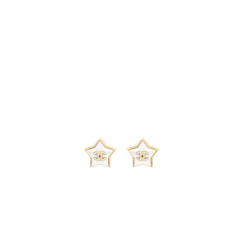 CHANEL STAR AND CC LOGO EAR CLIPS IVORY AND GOLD TONE