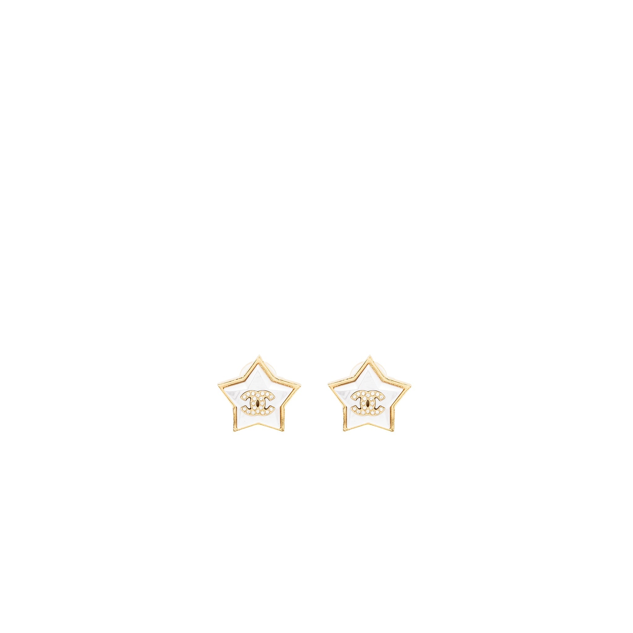 CHANEL STAR AND CC LOGO EAR CLIPS IVORY AND GOLD TONE