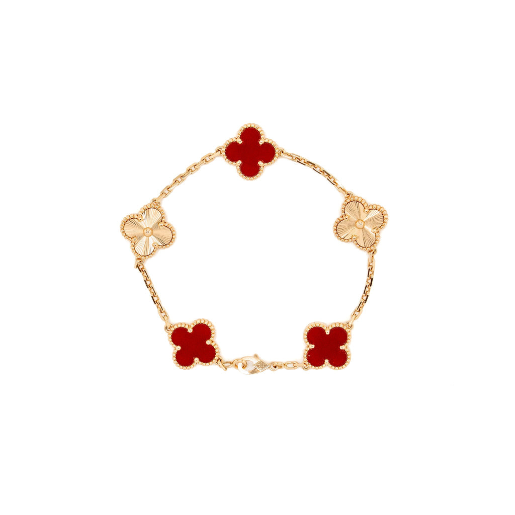 VAN CLEEF AND ARPELS VINTAGE ALHAMBRA BRACELET 5 MOTIFS 18K ROSE GOLD, CARNELIAN