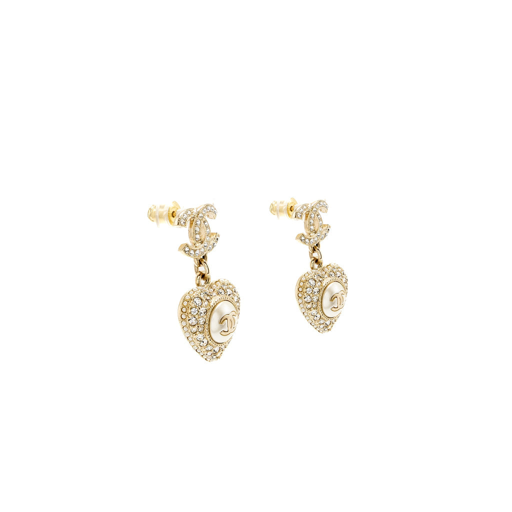 CHANEL HEART DROP CC LOGO EARRINGS CRYSTAL LIGHT GOLD TONE