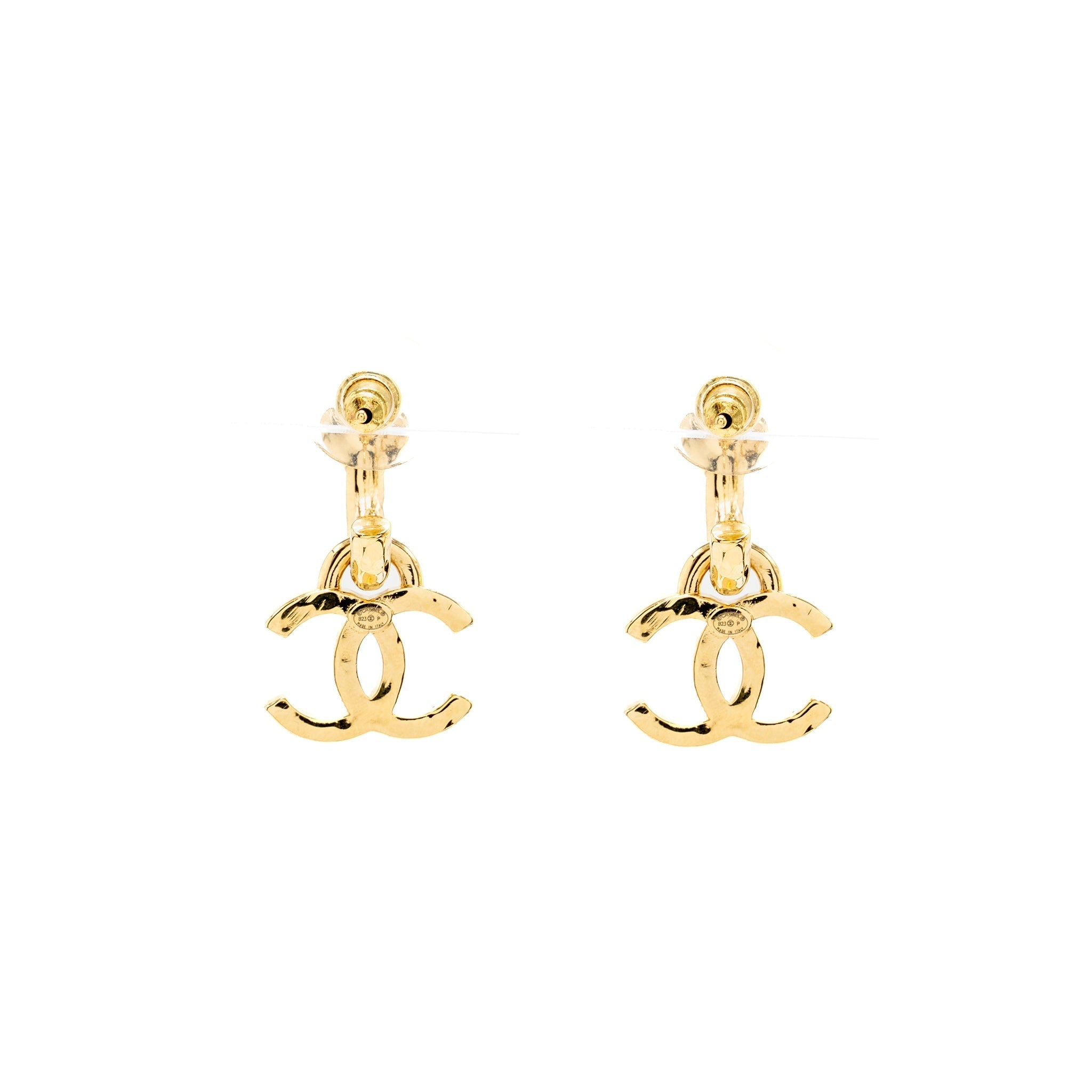 CHANEL CC DROP HEART HOOP EARRINGS CRYSTAL GOLD TONE