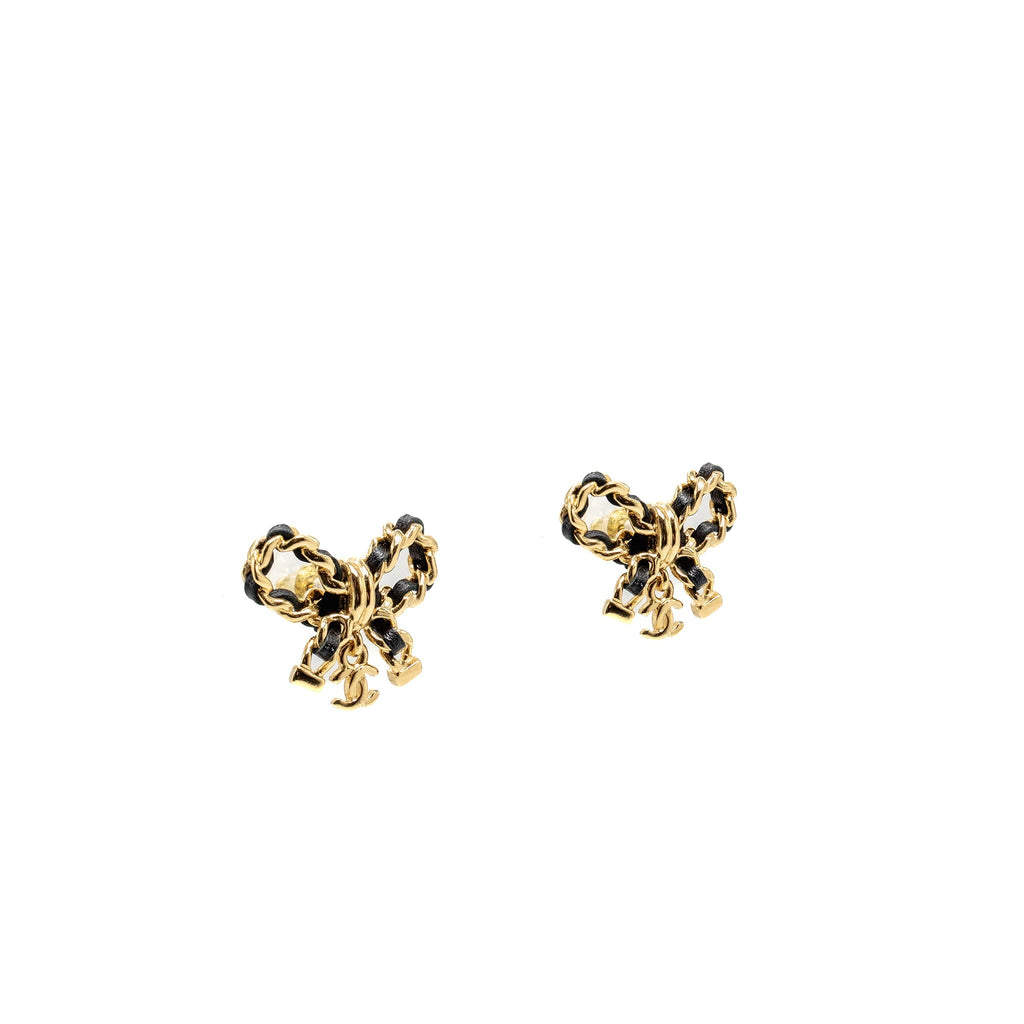 CHANEL LEATHER WEAVE BOW EARRINGS BLACK GOLD TONE