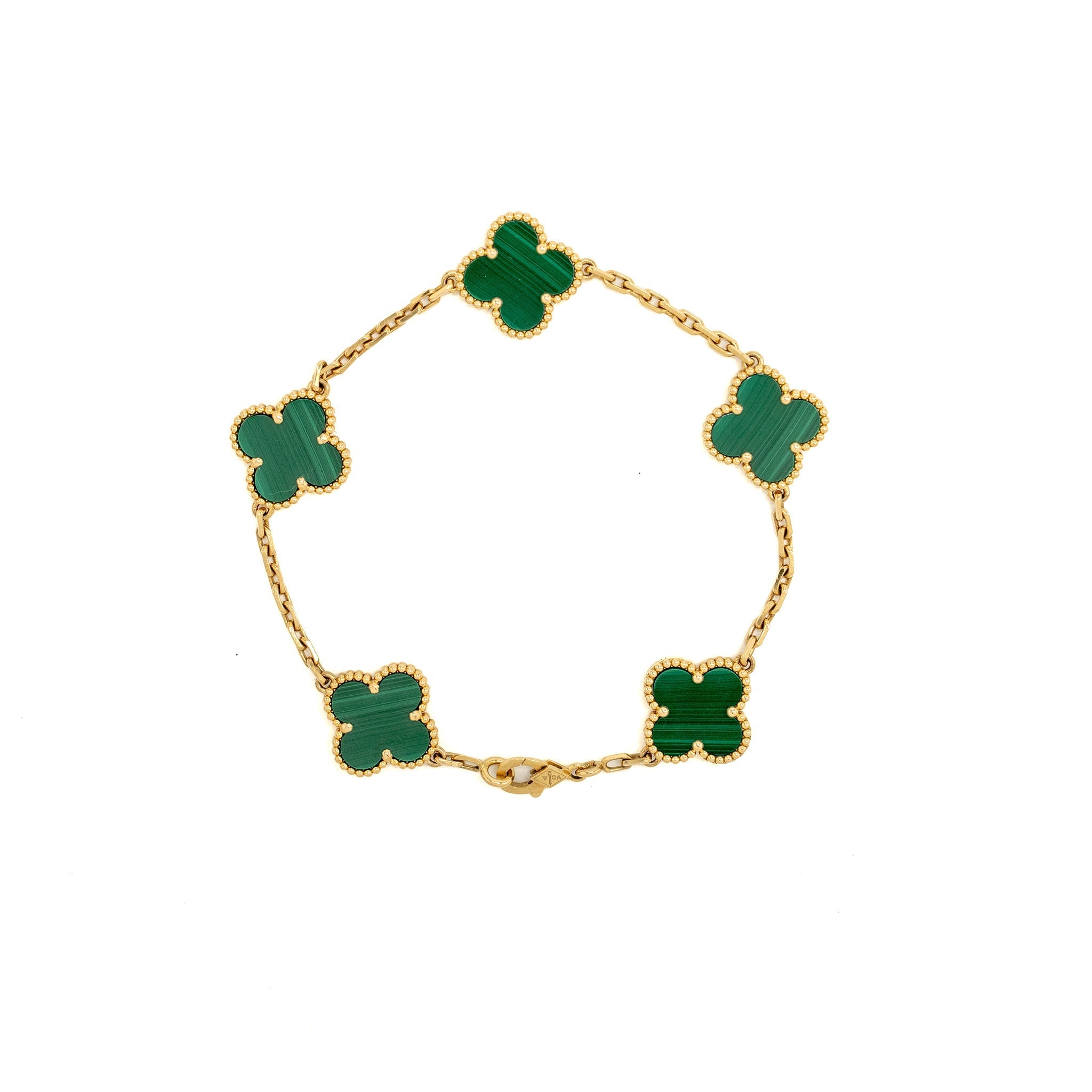 VAN CLEEF AND ARPELS VINTAGE ALHAMBRA BRACELET 5 MOTIF, YELLOW GOLD, MALACHEITE