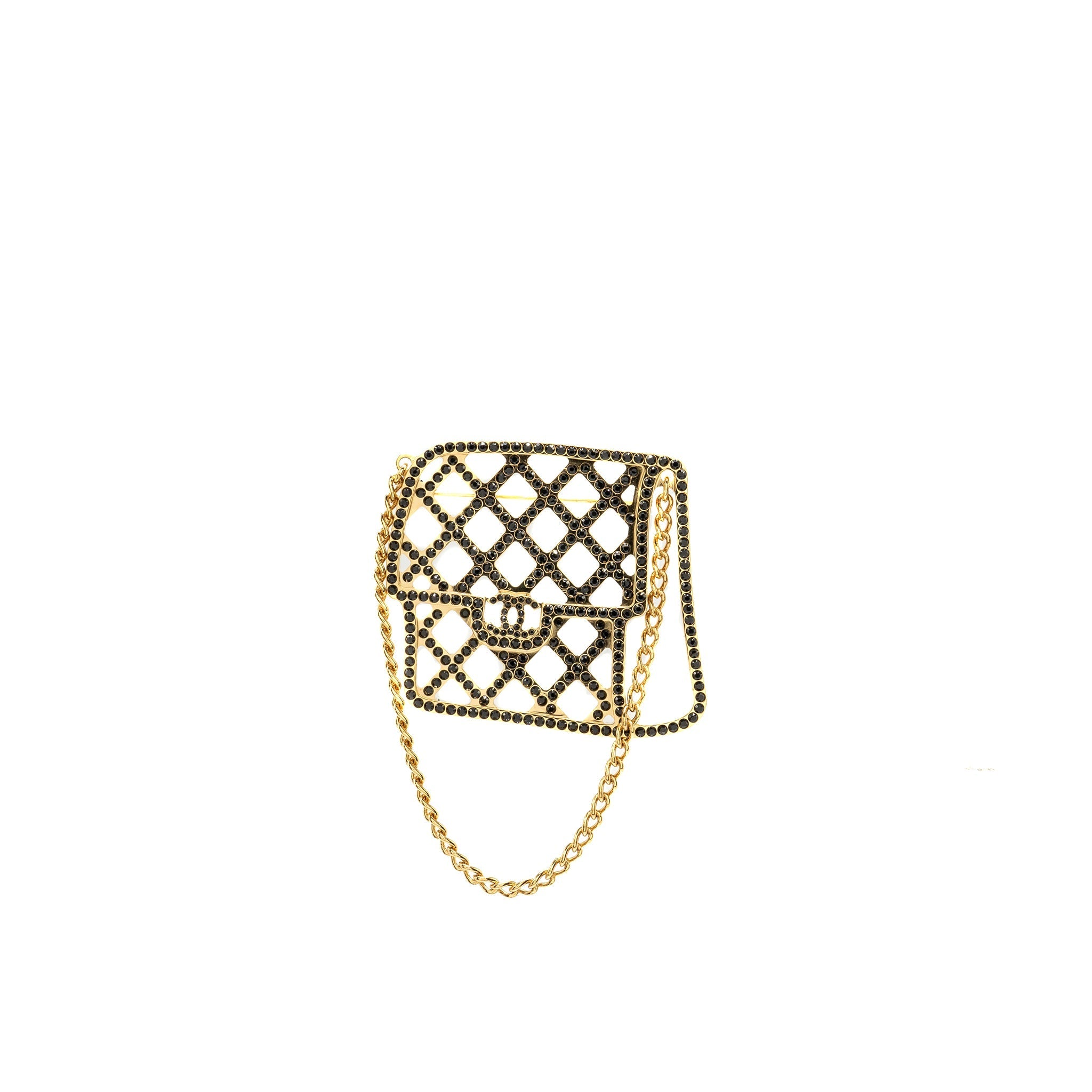 CHANEL FLAP BAG BROOCH WITH BLACK CRYSTAL GOLD TONE