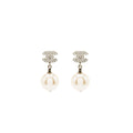 CHANEL CC LOGO WITH PEARL DROP EARRINGS SILVER TONE