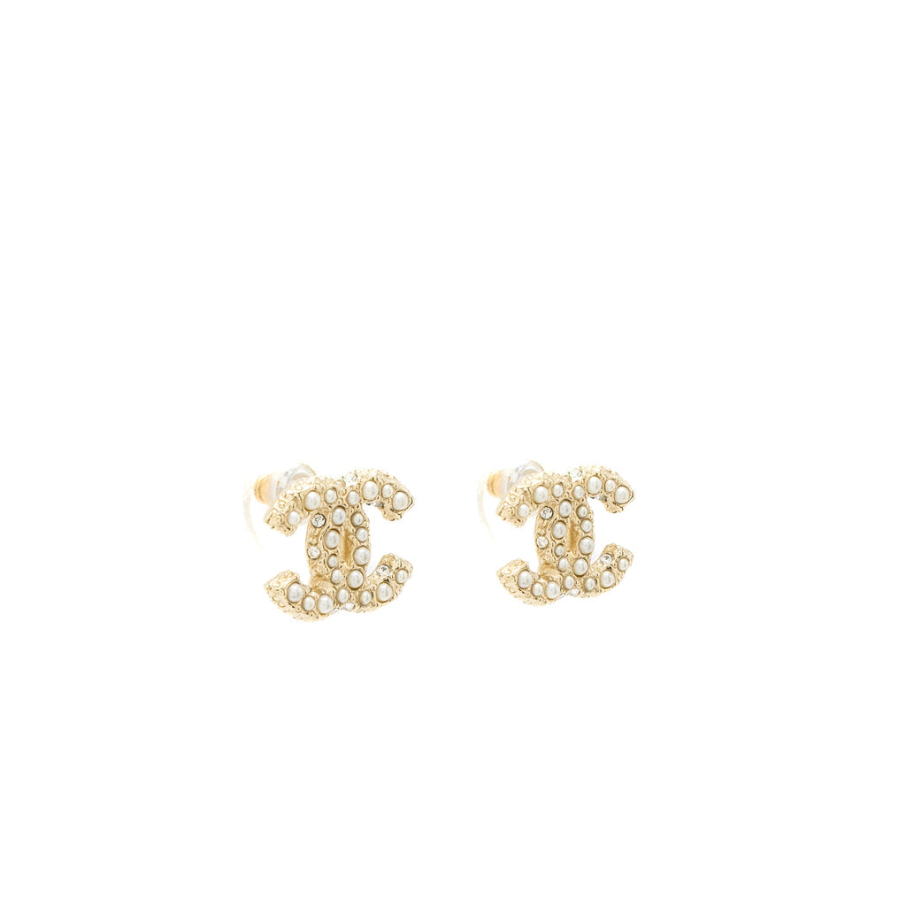 CHANEL CLASSIC MINI CC LOGO EARRINGS PEARL/CRYSTAL LIGHT GOLD TONE