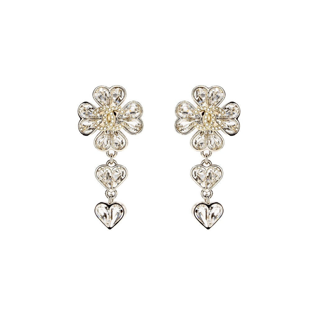 CHANEL CC CLOVER HEART DROP EARRINGS CRYSTAL SILVER TONE