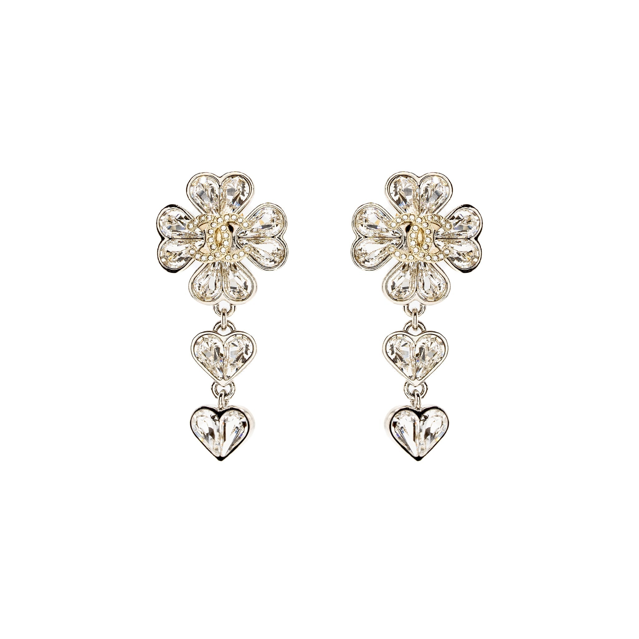 CHANEL CC CLOVER HEART DROP EARRINGS CRYSTAL SILVER TONE