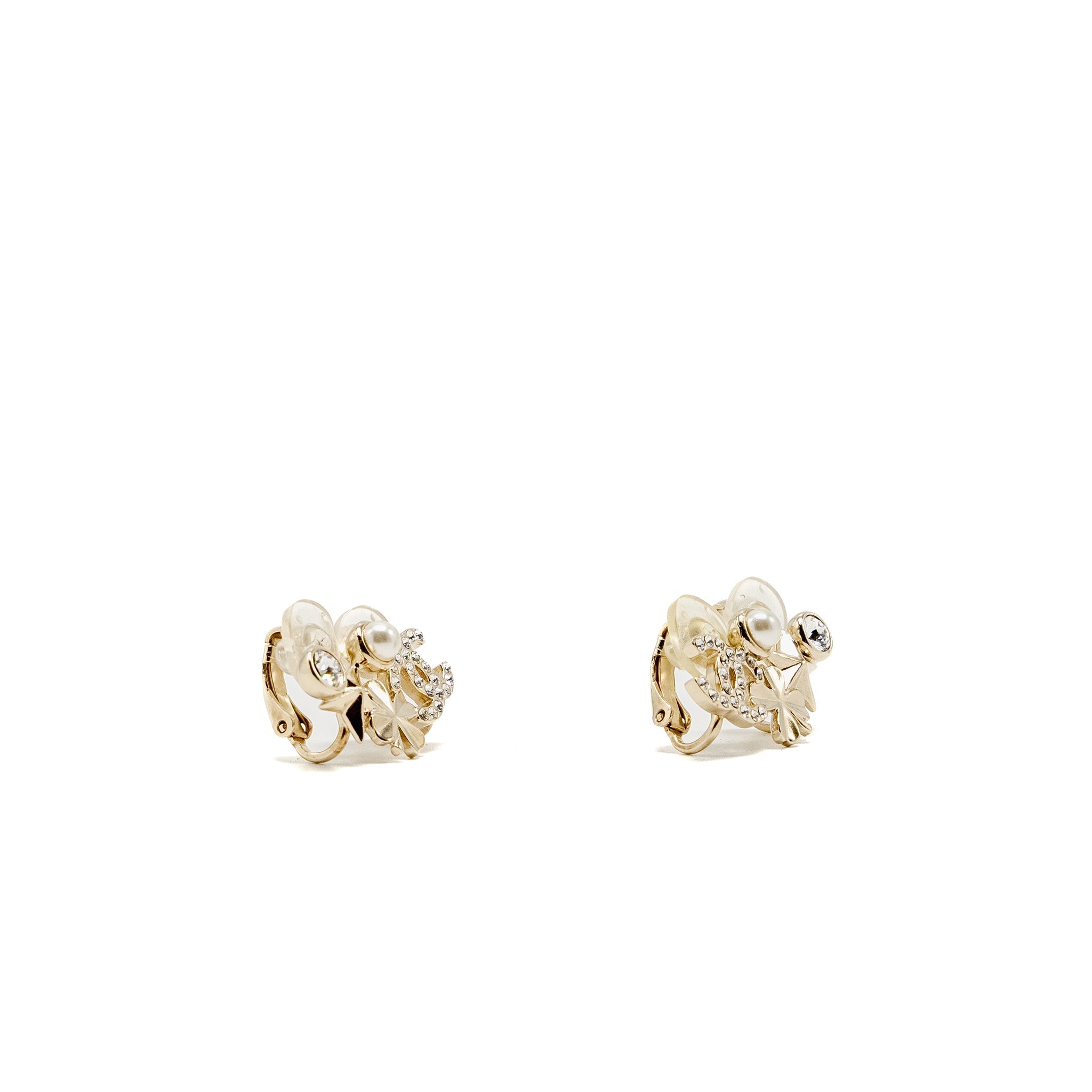 CHANEL CC LOGO FLOWER EAR CLIPS CRYSTAL/PEARL LIGHT GOLD TONE