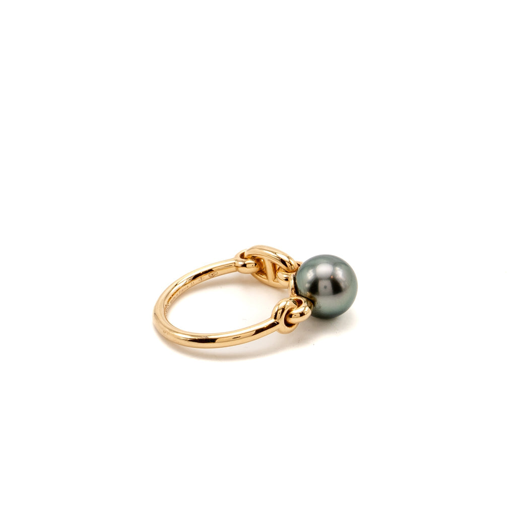 HERMES ALBERTINE CHAIN D’ANCRE RING 18K ROSE GOLD/ DIAMONDS/ TAHITIAN BLACK PEARL