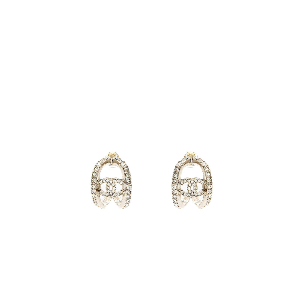 CHANEL MINI HOOP EARRINGS WITH CRYSTAL SILVER TONE