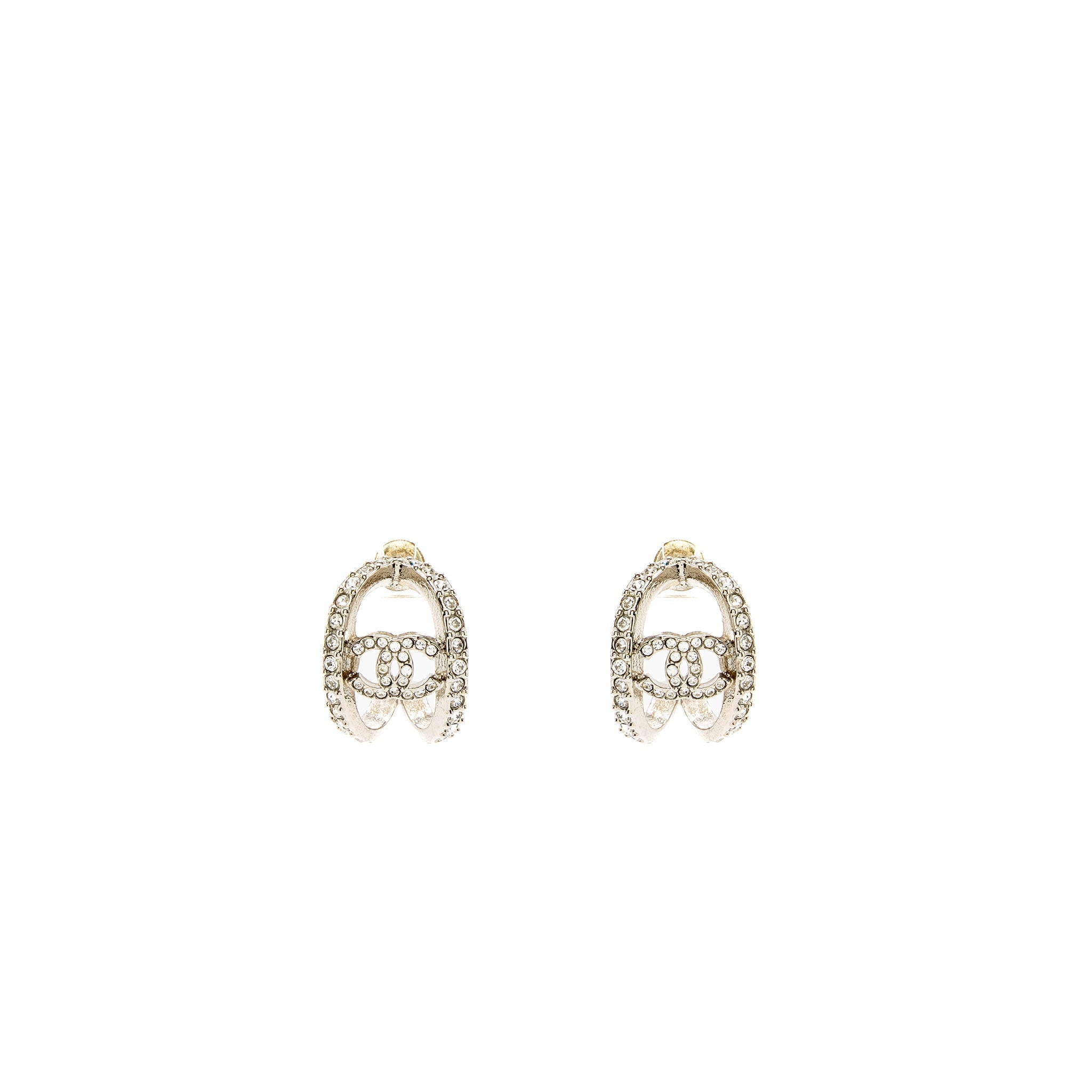 CHANEL MINI HOOP EARRINGS WITH CRYSTAL SILVER TONE